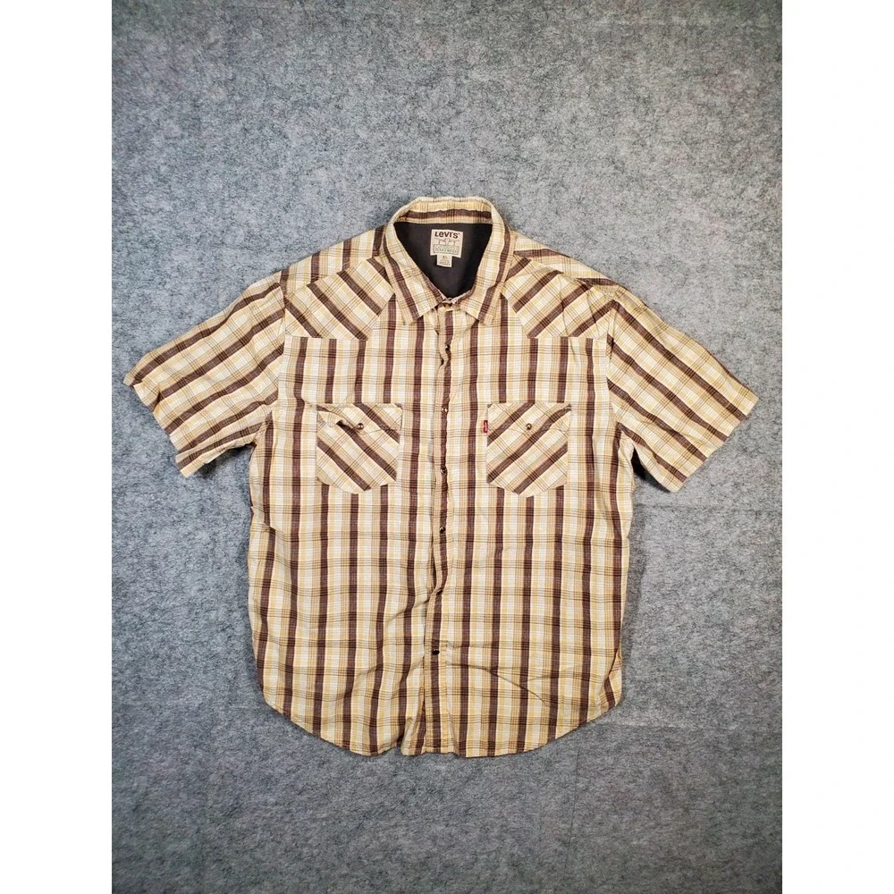 Vintage Levis Authentic Jeans Wear Western Pearl Snap Shirt Brown Plaid Mens XL